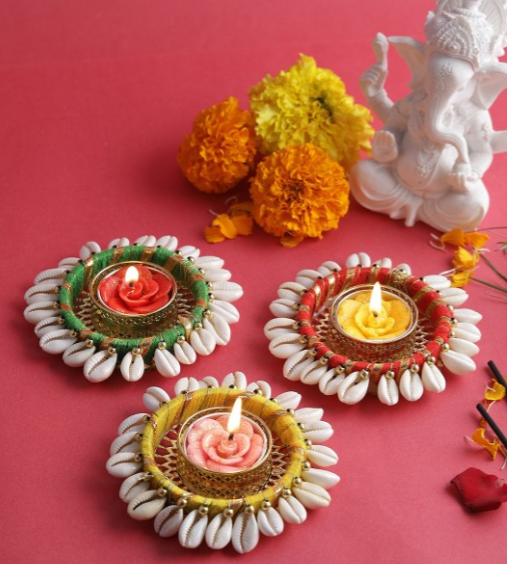Set of 3 Embellished Fabric Diyas with Wax for Diwali 2025 | Red Yellow Green Handcrafted Indian Festive Decor